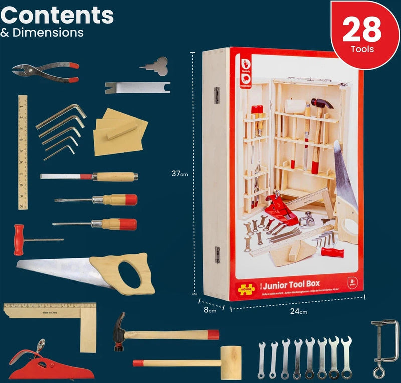 Junior Kids Wooden Tool Box with 28 Functional Tools, Learning SPACE