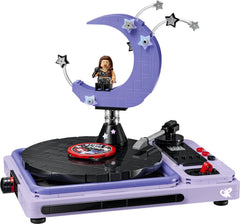 LEGO Editions Olivia Rodrigo's Concert Moon building set, a purple model record player with a crescent moon and an Olivia Rodrigo minifigure
