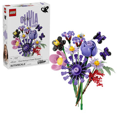 LEGO Botanicals and LEGO Editions Olivia Rodrigo's Flower Bouquet 11507, with its box and the built bouquet of purple, pink and red flowers
