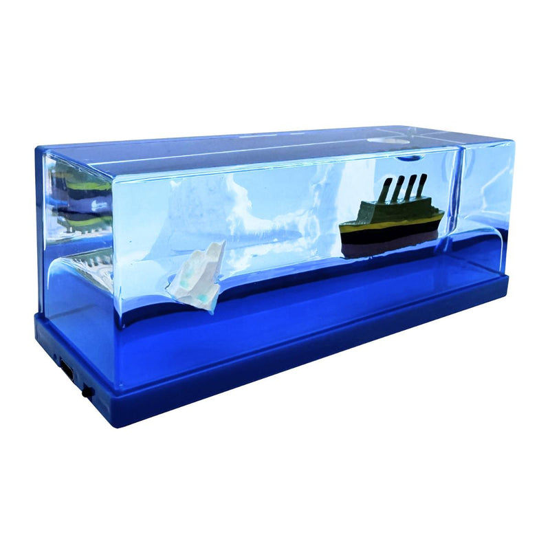 Angled view of the Light Up Ship Liquid Timer showing its blue base and clear casing