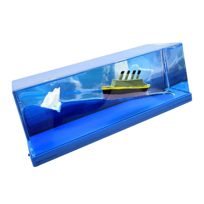 Light Up Ship Liquid Timer with miniature ship and iceberg in blue liquid