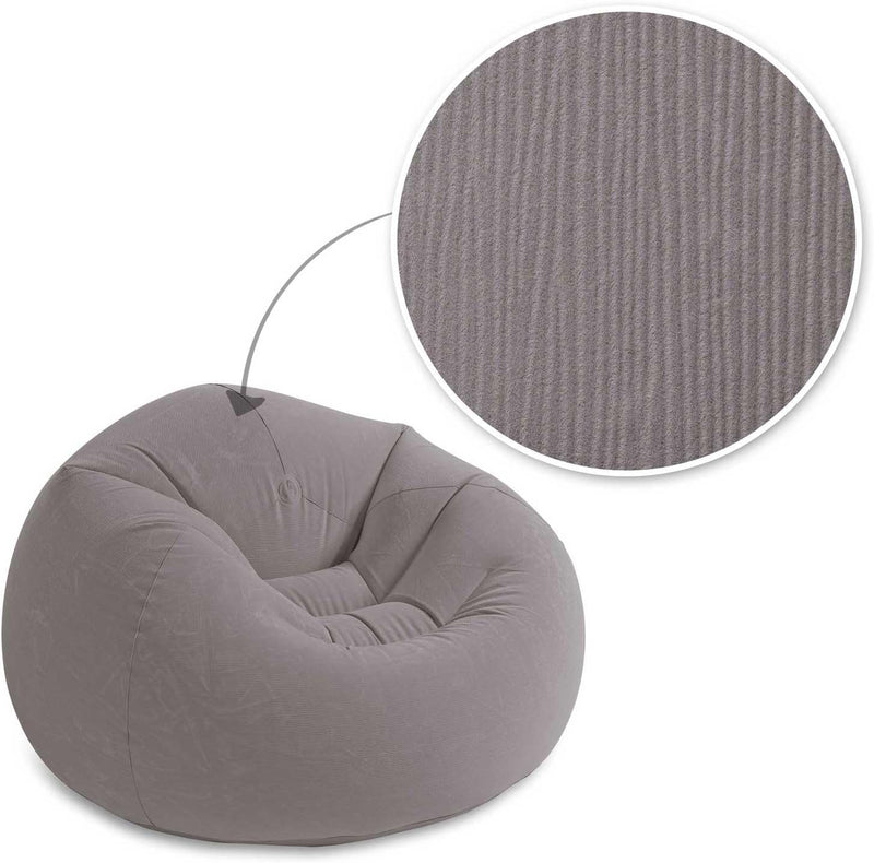 Gray bean bag chair with close-up of fabric texture on a white background