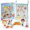 Edushape Magic Creations Birthday Party foam bath toy set with packaging, mesh storage bag and colourful party-themed pieces.
