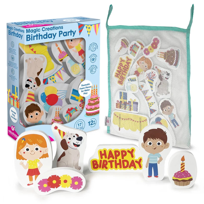 Edushape Magic Creations Birthday Party foam bath toy set with packaging, mesh storage bag and colourful party-themed pieces.