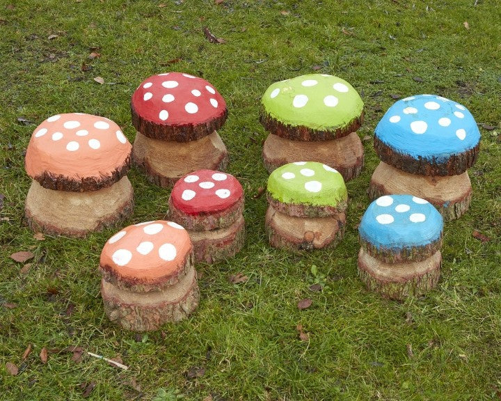 Medium Mushroom Painted Seats (12Pk)-Children's Wooden Seating, Cosy Direct, Forest School & Outdoor Garden Equipment, Seating, Sensory Garden-Learning SPACE