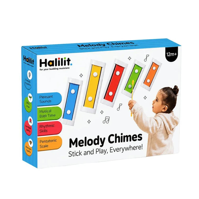 Halilit Melody Chimes packaging showing five colourful bars, a mallet and the 12 months+ age recommendation