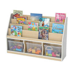 Modern Thrifty 3 Compartment Book Storage with 3 Clear Trays-Bookcases,Classroom Displays,Shelves,Storage,Storage Bins & Baskets,Wellbeing Furniture-Learning SPACE