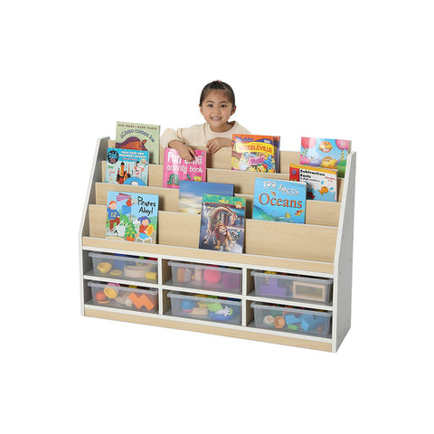 Modern Thrifty 6 Compartment Book Storage with 6 Clear Trays-Bookcases, Classroom Displays, Shelves, Storage, Storage Bins & Baskets, Wellbeing Furniture-Learning SPACE