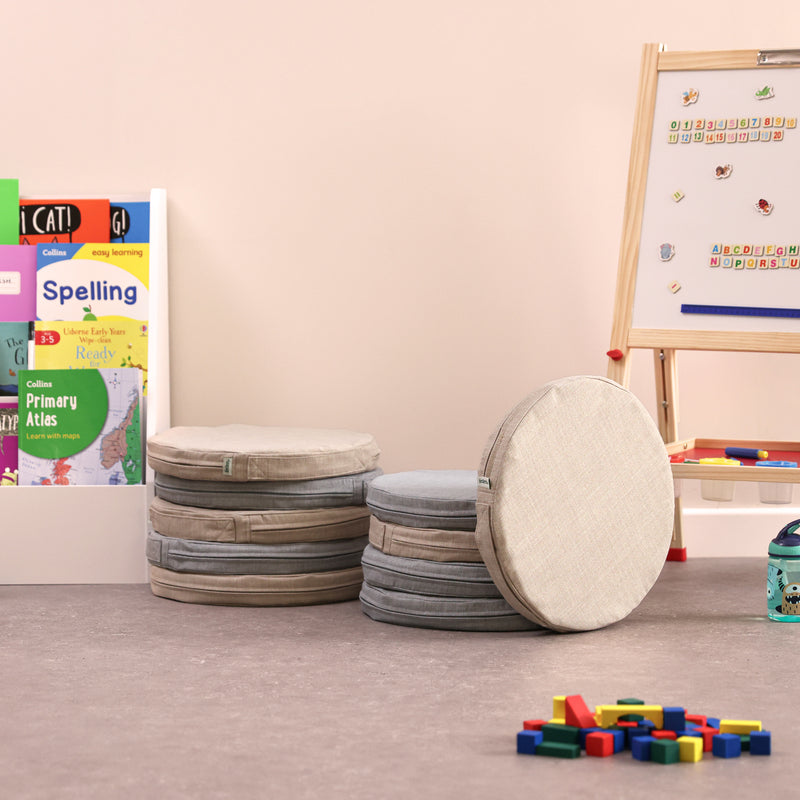 Neutral Round Carry Cushions – Set with Storage Holdall, Learning SPACE