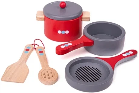 Play Kitchen - Wooden Cooking Pans-Bigjigs Toys,Calmer Classrooms,Discontinued,Gifts For 2-3 Years Old,Imaginative Play,Kitchens & Shops & School,Life Skills,Play Kitchen Accessories,Role Play,Stock,Wooden Toys-Learning SPACE