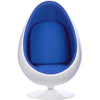 A modern egg-shaped pod chair with a glossy white shell and bright blue padded seat and back cushions, shown on a plain white background.