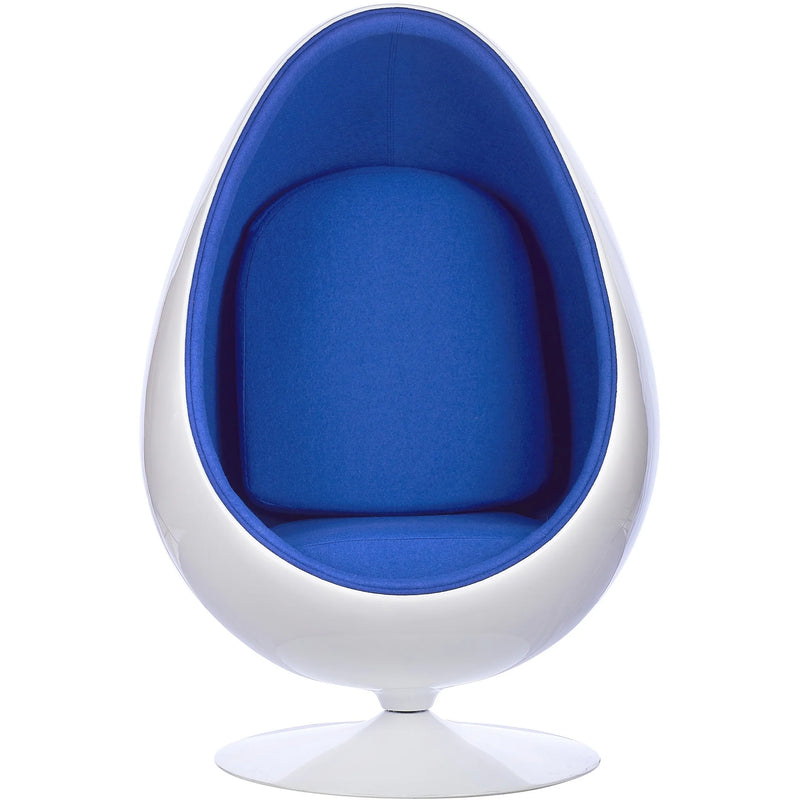 A modern egg-shaped pod chair with a glossy white shell and bright blue padded seat and back cushions, shown on a plain white background.