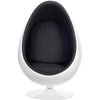 A modern egg-shaped pod chair with a glossy white shell and a black upholstered interior, shown against a plain white background.
