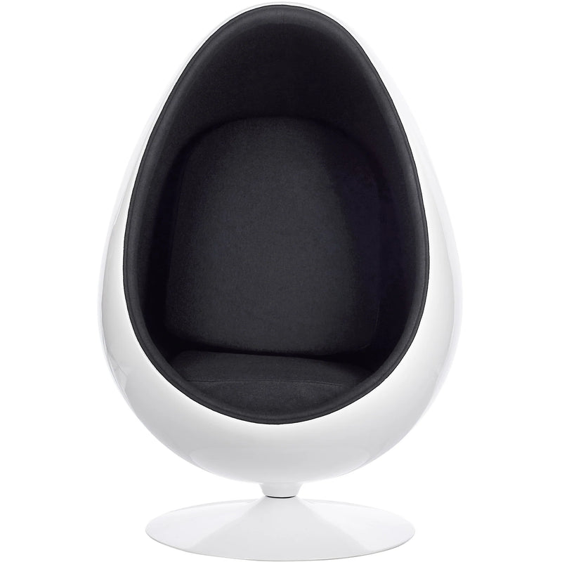 A modern egg-shaped pod chair with a glossy white shell and a black upholstered interior, shown against a plain white background.