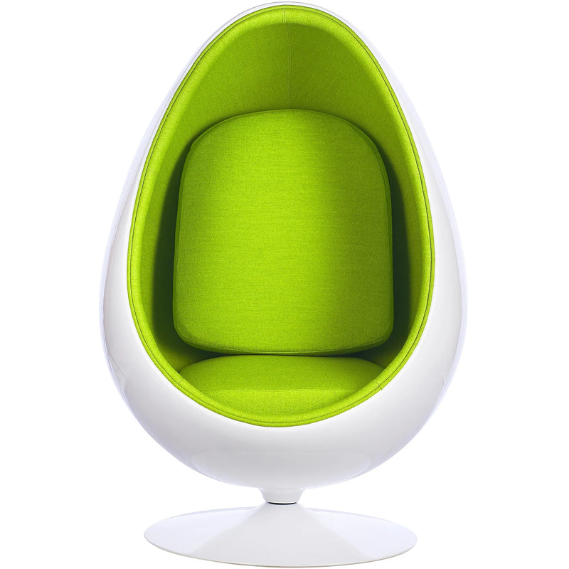 A modern egg-shaped lounge chair with a white molded shell and bright lime green fabric cushioning, shown on a plain white background.