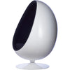 A modern egg-shaped pod chair with a glossy white exterior and a dark navy blue interior, shown on a clean white background.