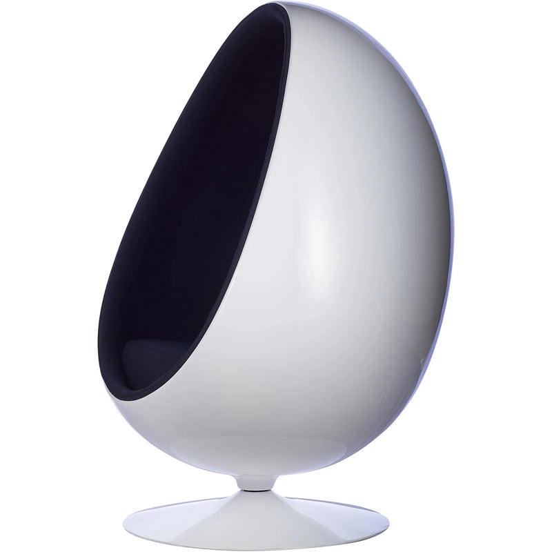 A modern egg-shaped pod chair with a glossy white exterior and a dark navy blue interior, shown on a clean white background.