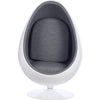 A modern egg-shaped pod chair with a white molded shell and gray upholstered seat, backrest, and interior cushion, shown on a plain white background.