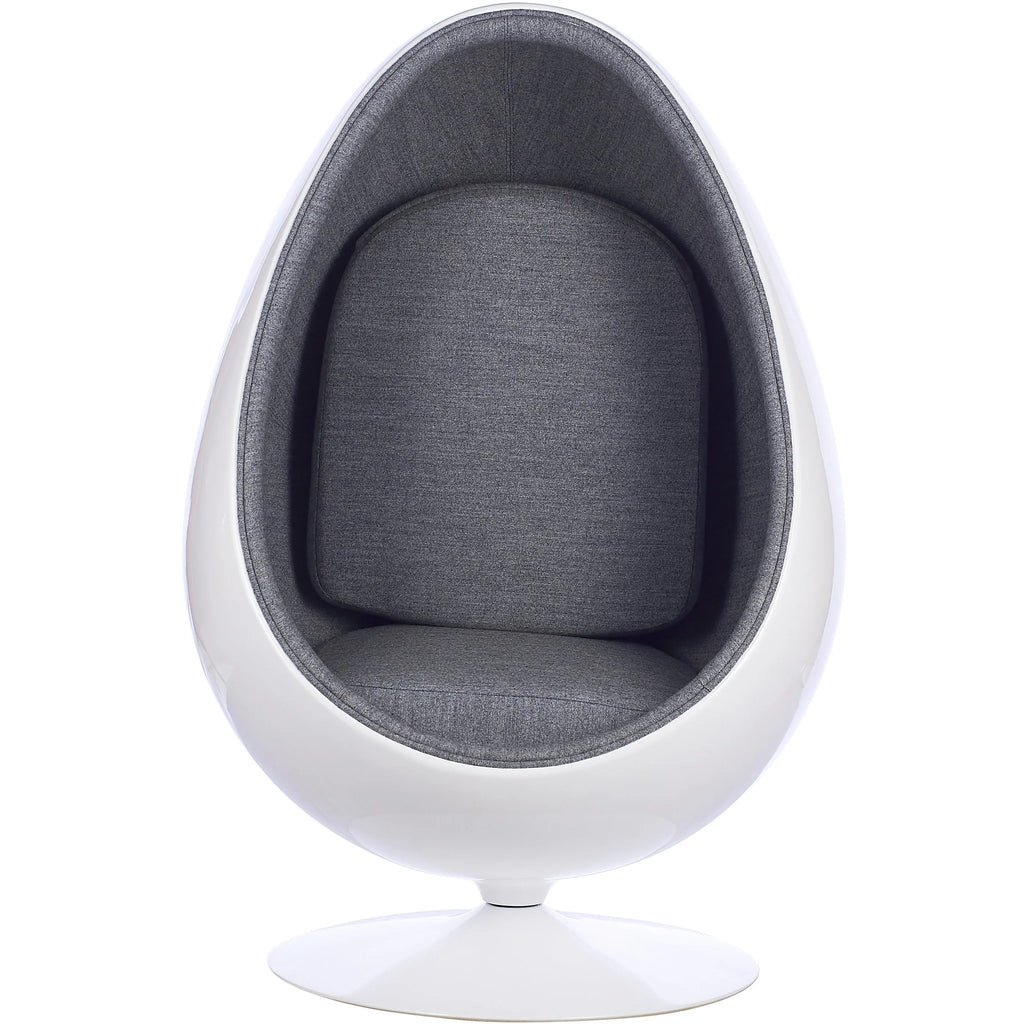 A modern egg-shaped pod chair with a white molded shell and gray upholstered seat, backrest, and interior cushion, shown on a plain white background.