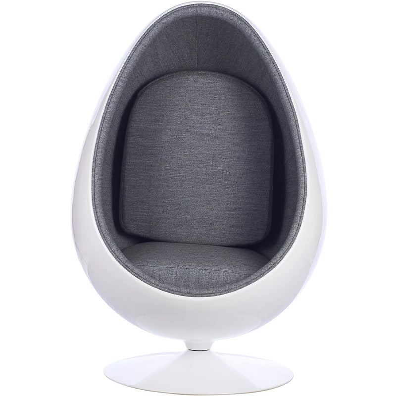 A modern egg-shaped pod chair with a white molded shell and gray upholstered seat, backrest, and interior cushion, shown on a plain white background.
