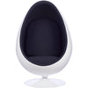A modern egg-shaped pod chair with a glossy white outer shell and a dark navy blue upholstered interior, shown on a plain white background.