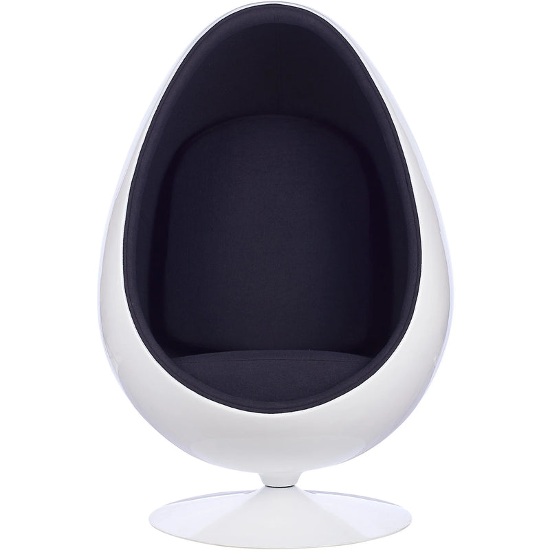 A modern egg-shaped pod chair with a glossy white outer shell and a dark navy blue upholstered interior, shown on a plain white background.