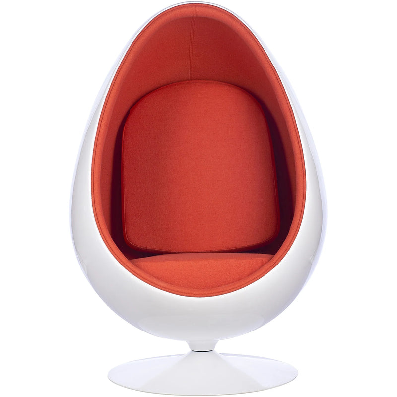 A modern egg-shaped pod chair with a glossy white shell and a vibrant orange-red upholstered seat and back cushion, shown against a plain white background.