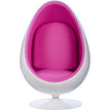 A modern egg-shaped pod chair with a glossy white shell and bright pink padded interior, shown against a plain white background.