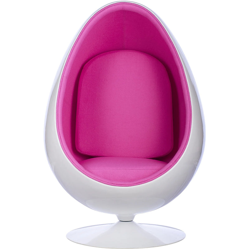 A modern egg-shaped pod chair with a glossy white shell and bright pink padded interior, shown against a plain white background.