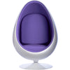 A modern egg-shaped pod chair with a glossy white shell and a purple fabric cushioned interior, shown against a plain white background.