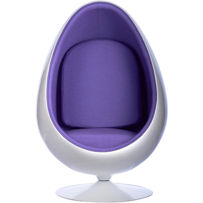 A modern egg-shaped pod chair with a glossy white shell and a purple fabric cushioned interior, shown against a plain white background.