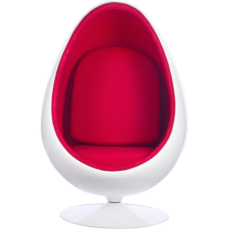 A modern egg-shaped pod chair with a glossy white exterior and a vibrant magenta-pink fabric interior, shown against a solid white background.