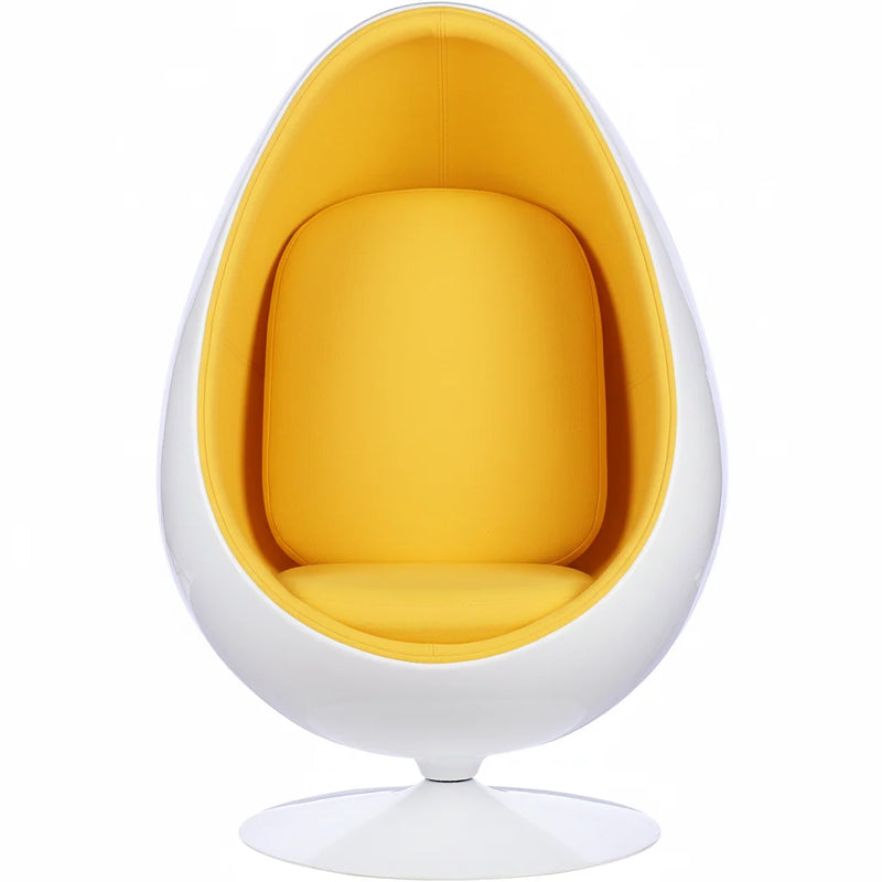 A modern egg-shaped pod chair with a white molded shell and bright yellow padded seat and back cushions, shown on a plain white background.