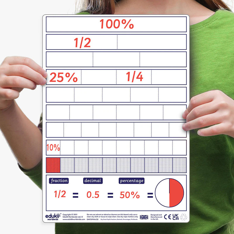 Pupils Dry Wipe Fraction, Decimal, Percentage, Pie Boards Pack of 30, Learning SPACE
