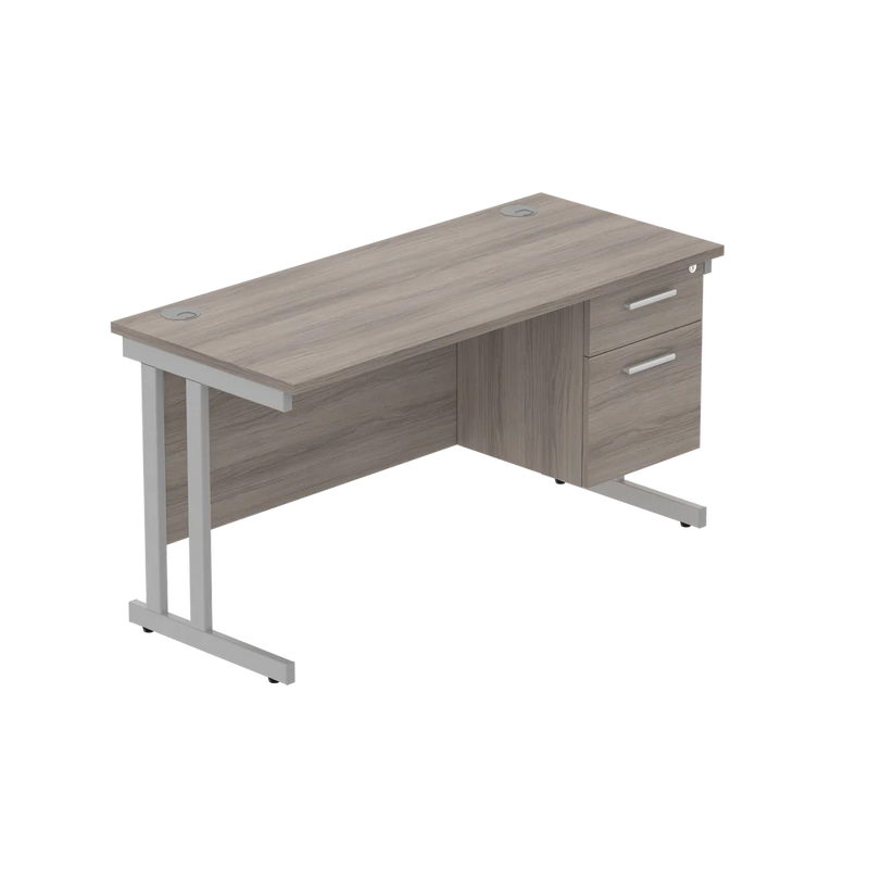 Rectangular Desk + 2 Drawer Fixed Pedestal, 1400 X 600 Alaskan Grey Oak Silver Learning SPACE