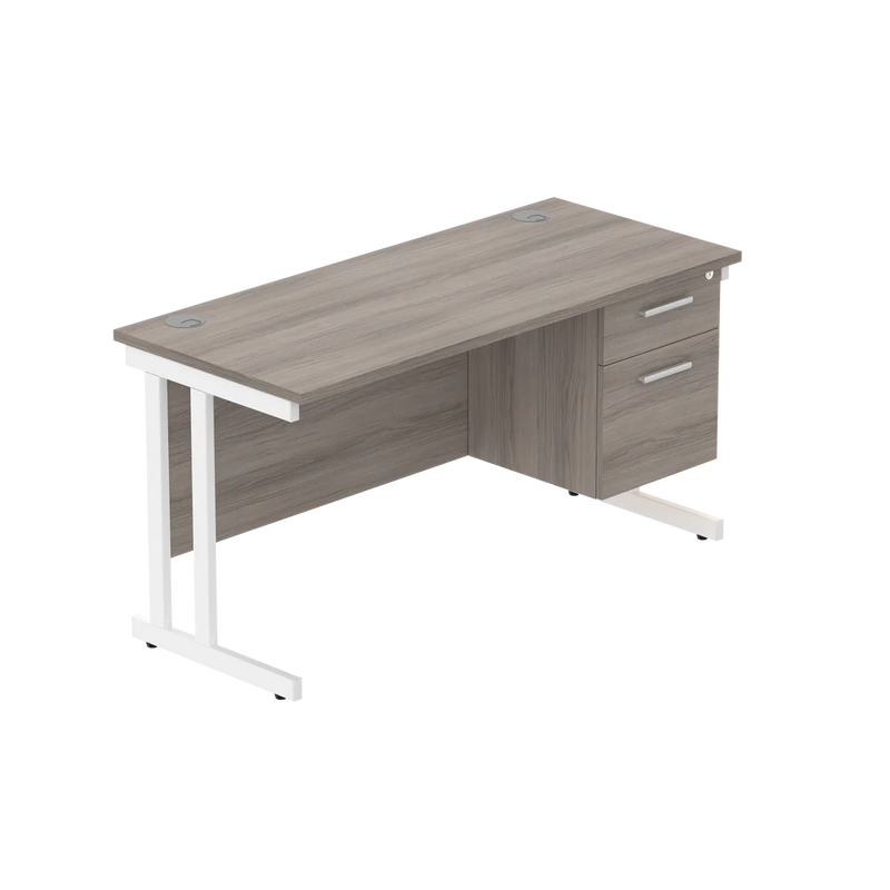 Rectangular Desk + 2 Drawer Fixed Pedestal, 1400 X 600 Alaskan Grey Oak White Learning SPACE