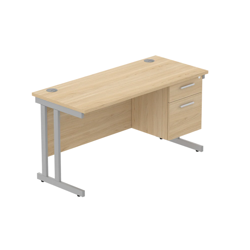 Rectangular Desk + 2 Drawer Fixed Pedestal, 1400 X 600 Canadian Oak Silver Learning SPACE