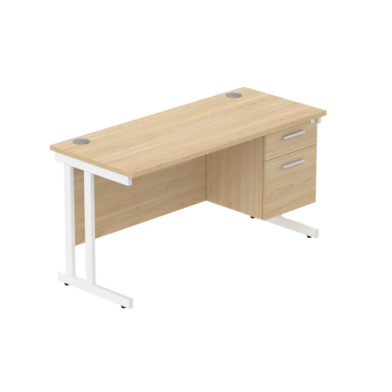 Rectangular Desk + 2 Drawer Fixed Pedestal, 1400 X 600 Canadian Oak White Learning SPACE