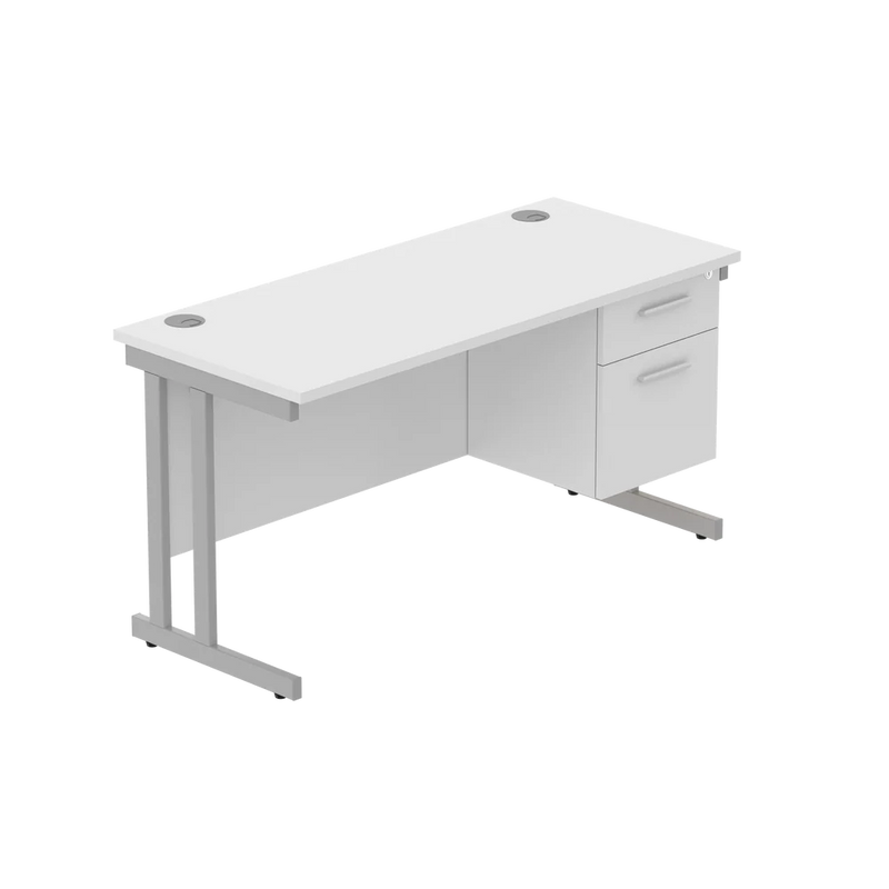 Rectangular Desk + 2 Drawer Fixed Pedestal, 1400 X 600 Arctic White Silver Learning SPACE