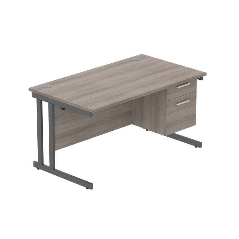 Rectangular Desk + 2 Drawer Fixed Pedestal, 1400 X 800 Alaskan Grey Oak Graphite Learning SPACE
