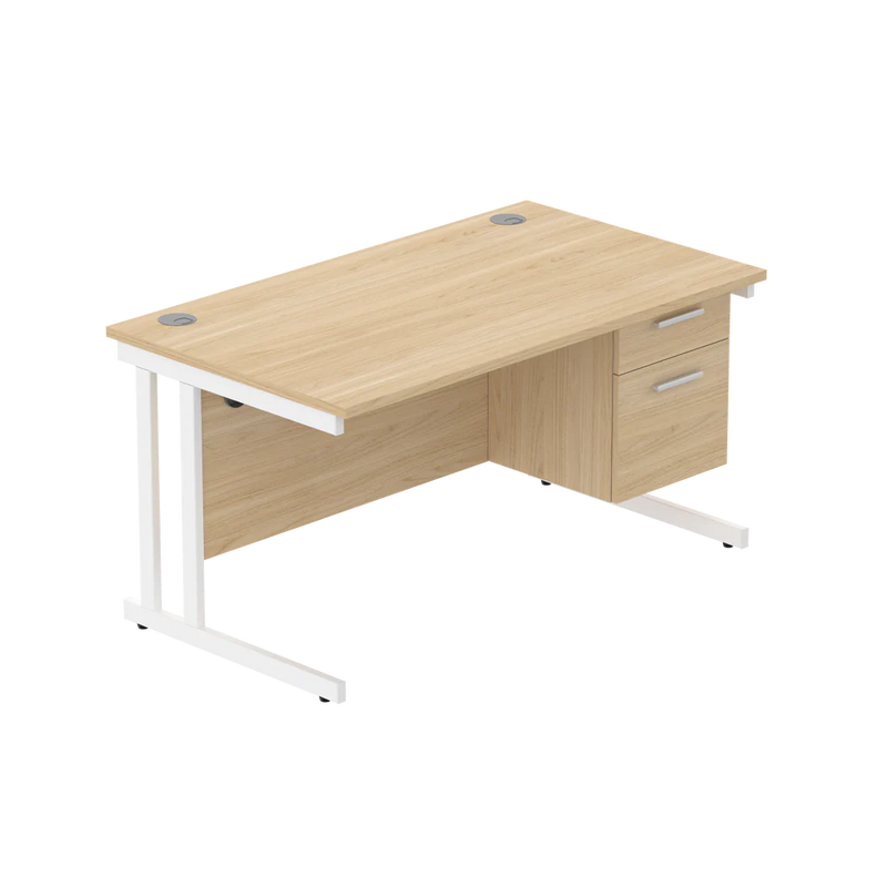 Rectangular Desk + 2 Drawer Fixed Pedestal, 1400 X 800 Canadian Oak White Learning SPACE