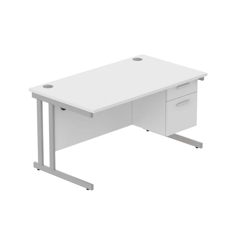 Rectangular Desk + 2 Drawer Fixed Pedestal, 1400 X 800 Arctic White Silver Learning SPACE