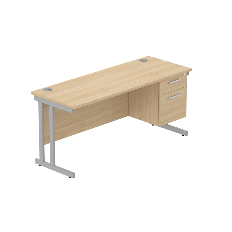 Rectangular Desk + 2 Drawer Fixed Pedestal, 1600 X 600 Canadian Oak Silver Learning SPACE