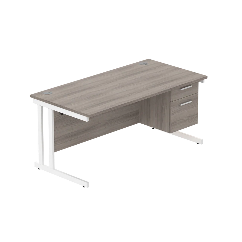 Rectangular Desk + 2 Drawer Fixed Pedestal, 1600 X 800 Alaskan Grey Oak White Learning SPACE