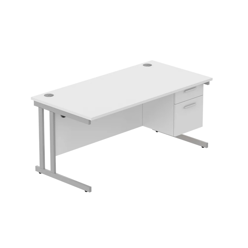 Rectangular Desk + 2 Drawer Fixed Pedestal, 1600 X 800 Arctic White Silver Learning SPACE
