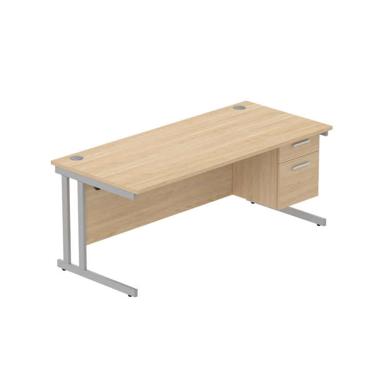 Rectangular Desk + 2 Drawer Fixed Pedestal, 1800 X 800 Canadian Oak Silver Learning SPACE