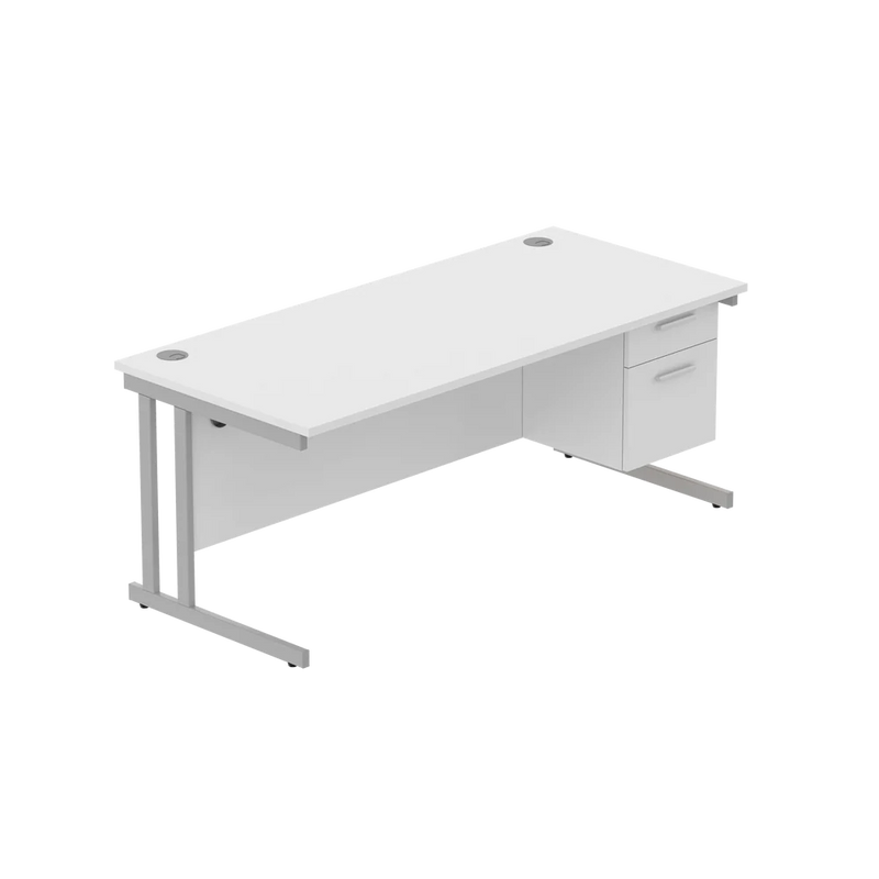 Rectangular Desk + 2 Drawer Fixed Pedestal, 1800 X 800 Arctic White Silver Learning SPACE