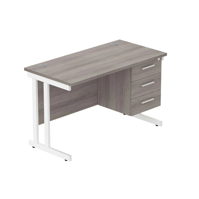 Rectangular Desk + 3 Drawer Fixed Pedestal, 1200 X 600 Alaskan Grey Oak White Learning SPACE