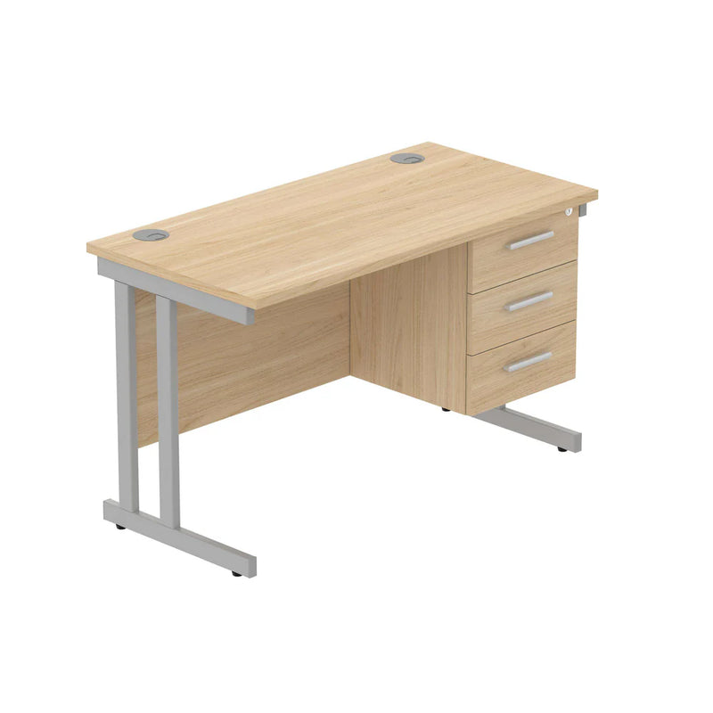 Rectangular Desk + 3 Drawer Fixed Pedestal, 1200 X 600 Canadian Oak Silver Learning SPACE
