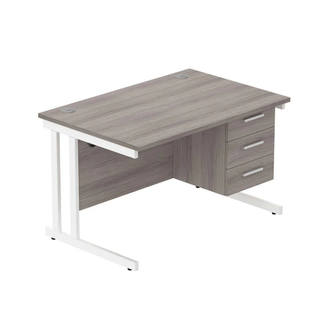 Rectangular Desk + 3 Drawer Fixed Pedestal, 1200 X 800 Alaskan Grey Oak White Learning SPACE